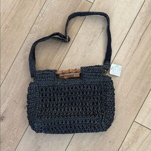 Free People Black Straw Shoulder Bag with Bamboo Accent